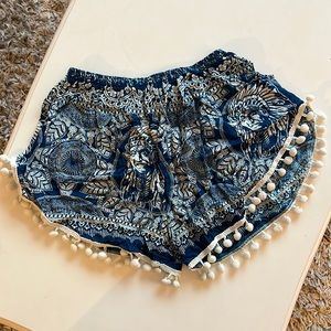 Blue Print Shorts With Pon Pons